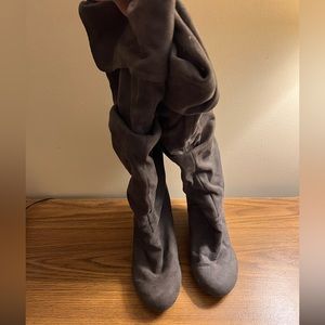 Nine West Tall Knee High Wedge Boots Gray Womens Suede